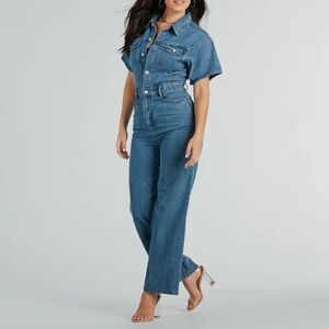 Short sleeve wide leg denim jumpsuit
